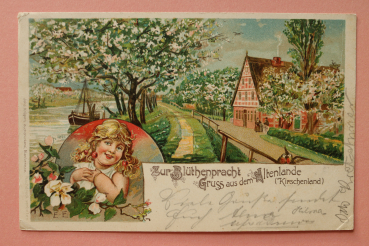 Ansichtskarte Künstler E E Litho AK Hamburg Altenlande 1901 Kirschenland Gruß aus Blütenpracht Architektur Ortsansicht